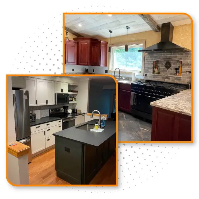 Two renovated kitchens showcasing rustic design with wooden cabinets, brick backsplash, and stone countertops, alongside a contemporary kitchen with white cabinetry, dark island, and stainless steel appliances.